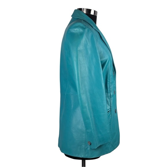 BERNARDO Y2K TEAL OVERSIZE LEATHER BUTTON DOWN BLAZER JACKET CAR COAT - Picture 8 of 16